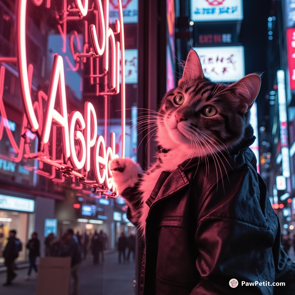 Cyberpunk cat repairing neon sushi sign in bustling futuristic Tokyo.