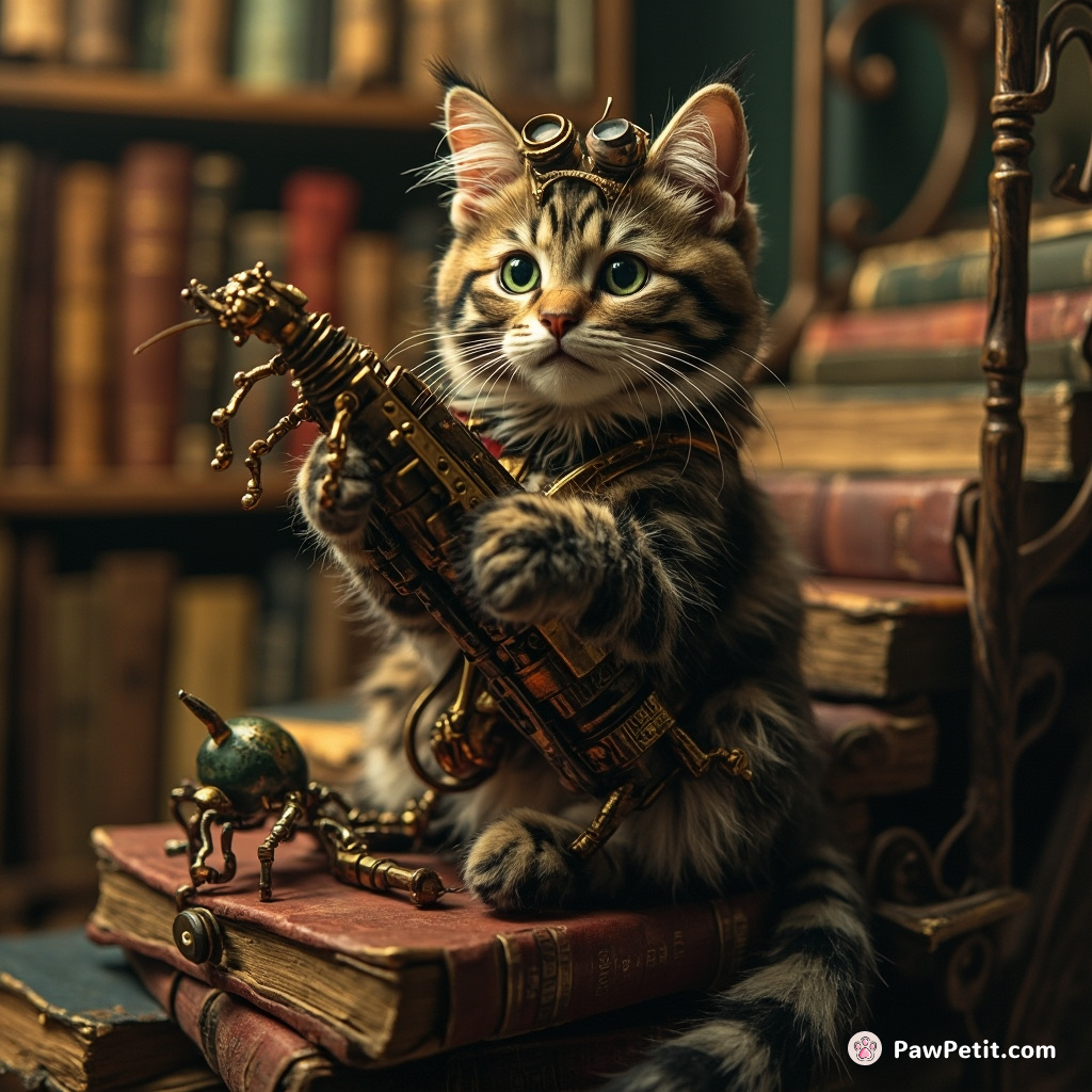 A steampunk cat crafting a mechanical insect while sitting on a winding staircase made of old books.