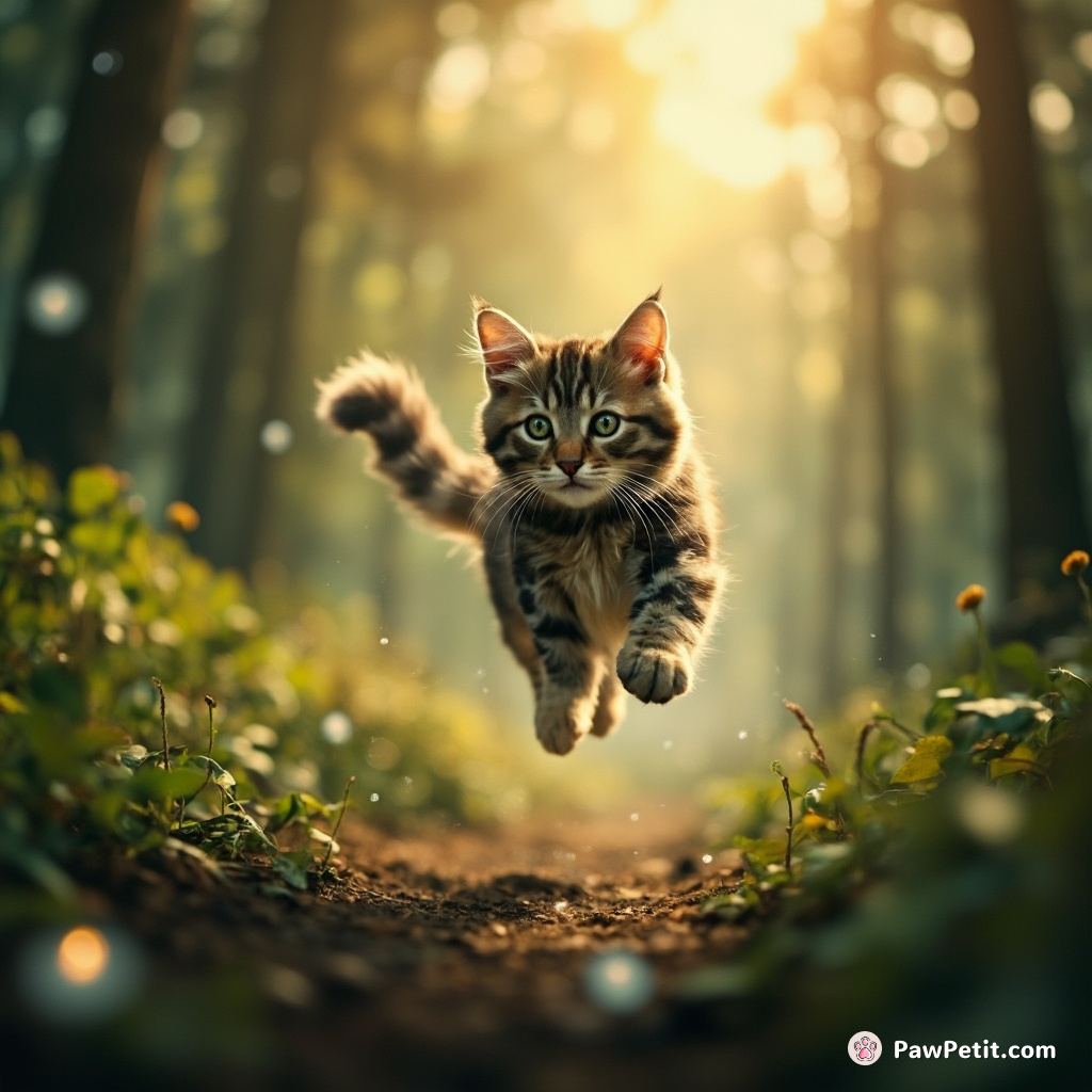 The cat leaps gracefully through the enchanted forest, chasing the shimmering tail of the elusive Moonbeam Sprite.