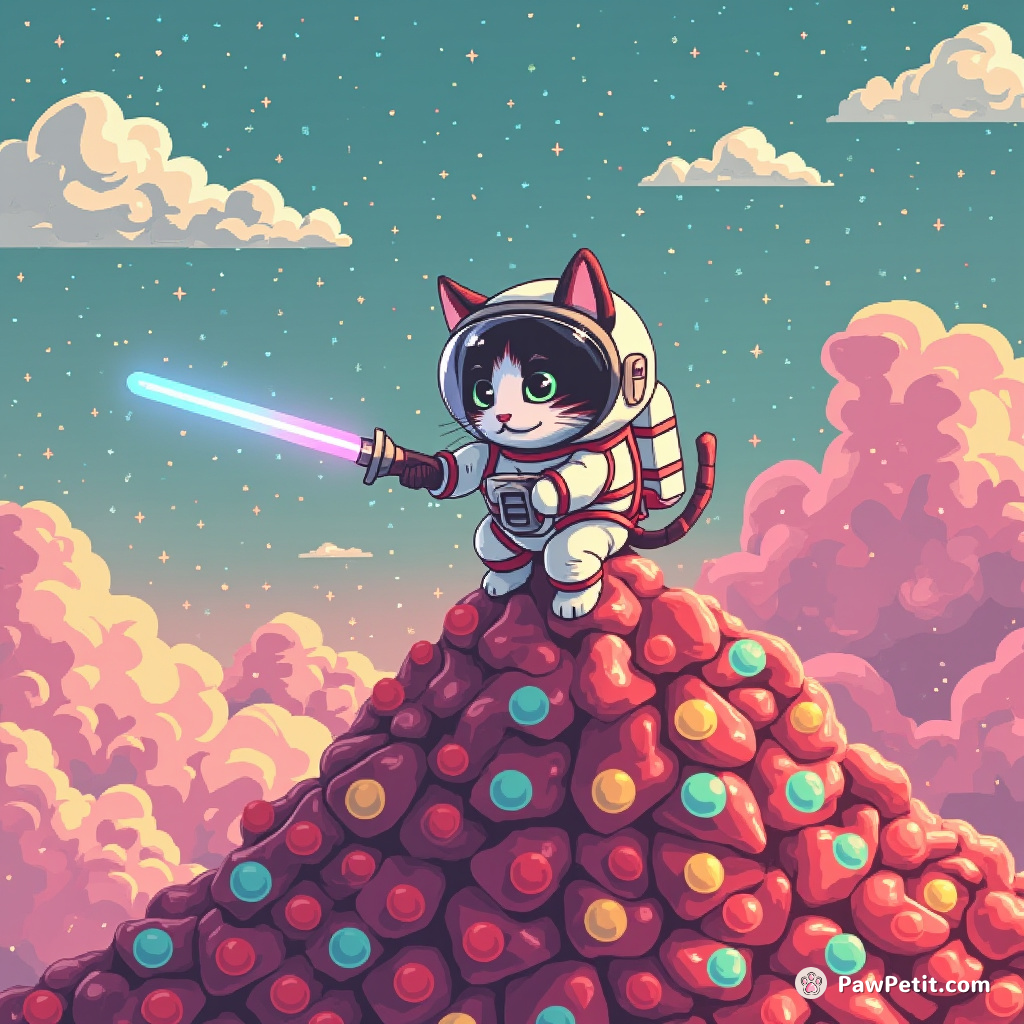 A climbing astronaut cat carrying a laser sword on top of an enormous jellybean mountain under polka-dotted skies.