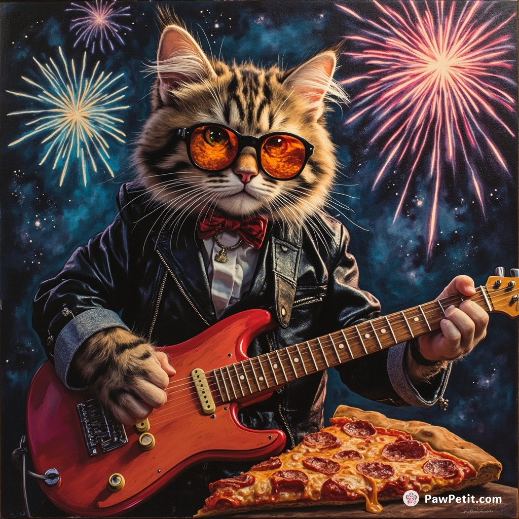 Punk rock cat delivering a riveting guitar solo on a slice of intergalactic pizza under neon fireworks.