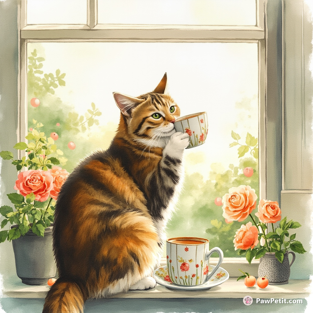 A tabby, perched on a windowsill, mimics sipping tea while gazing at the bustling garden below.