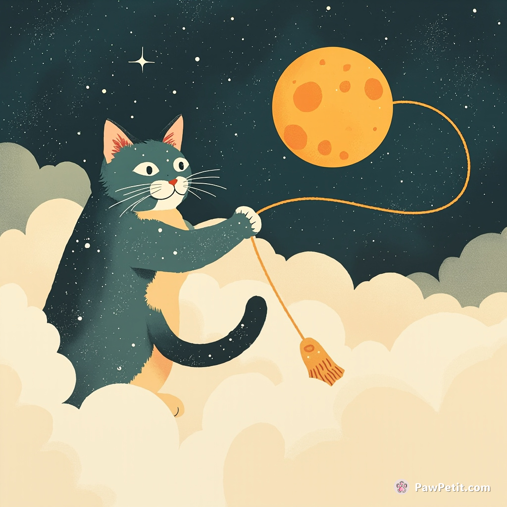 A galaxy-print cat lassoing a cheese moon from atop fluffy marshmallow clouds.