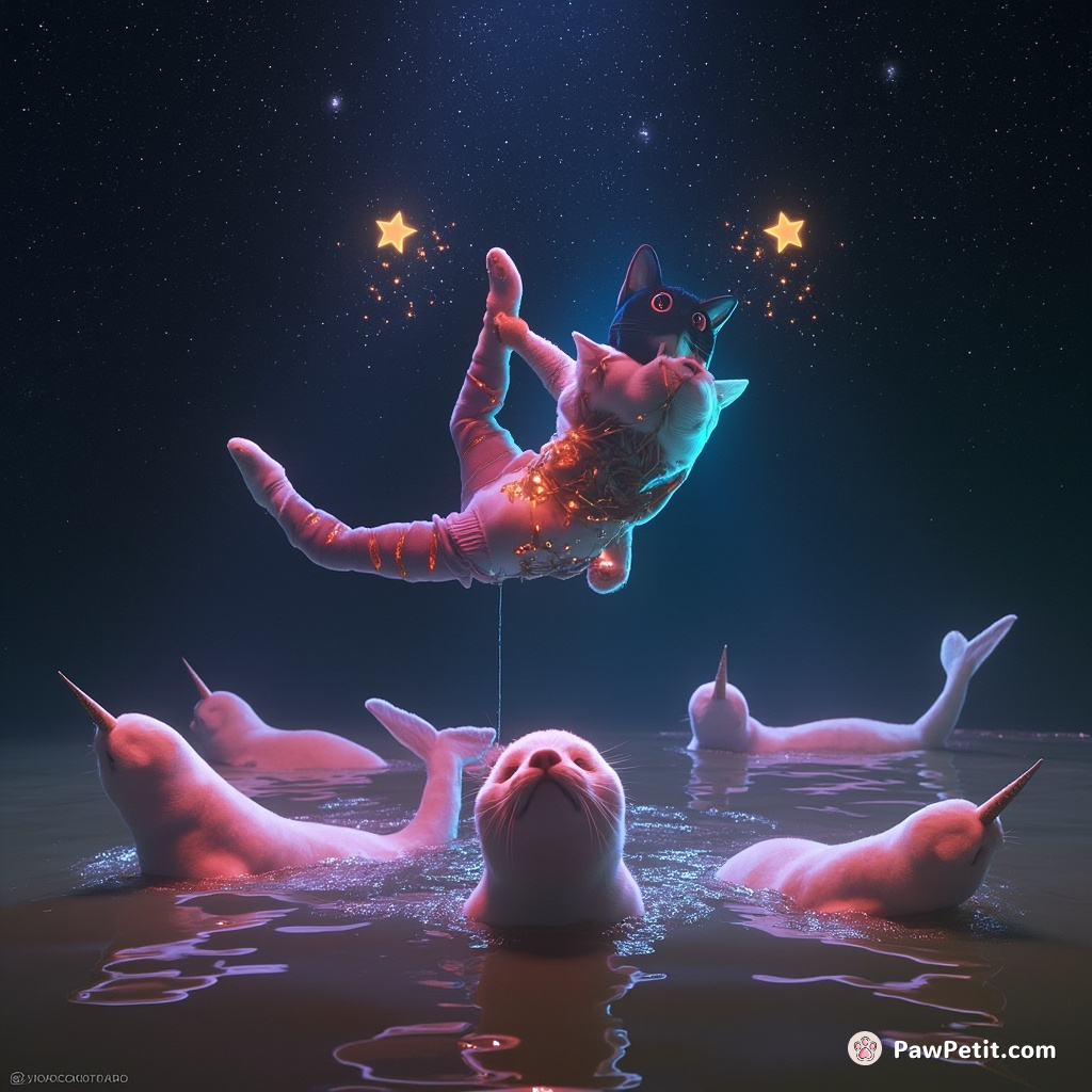 Cat acrobat performing a starlit levitation act amidst playful kits of Narwhals in a caramel sea.