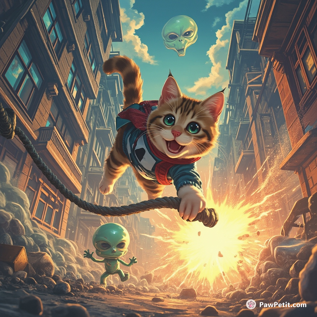 Leaping deftly over a fallen cable, the street cat power-TRIPS an approaching alien invader, proclaimed Earth's whiskered saviour.
