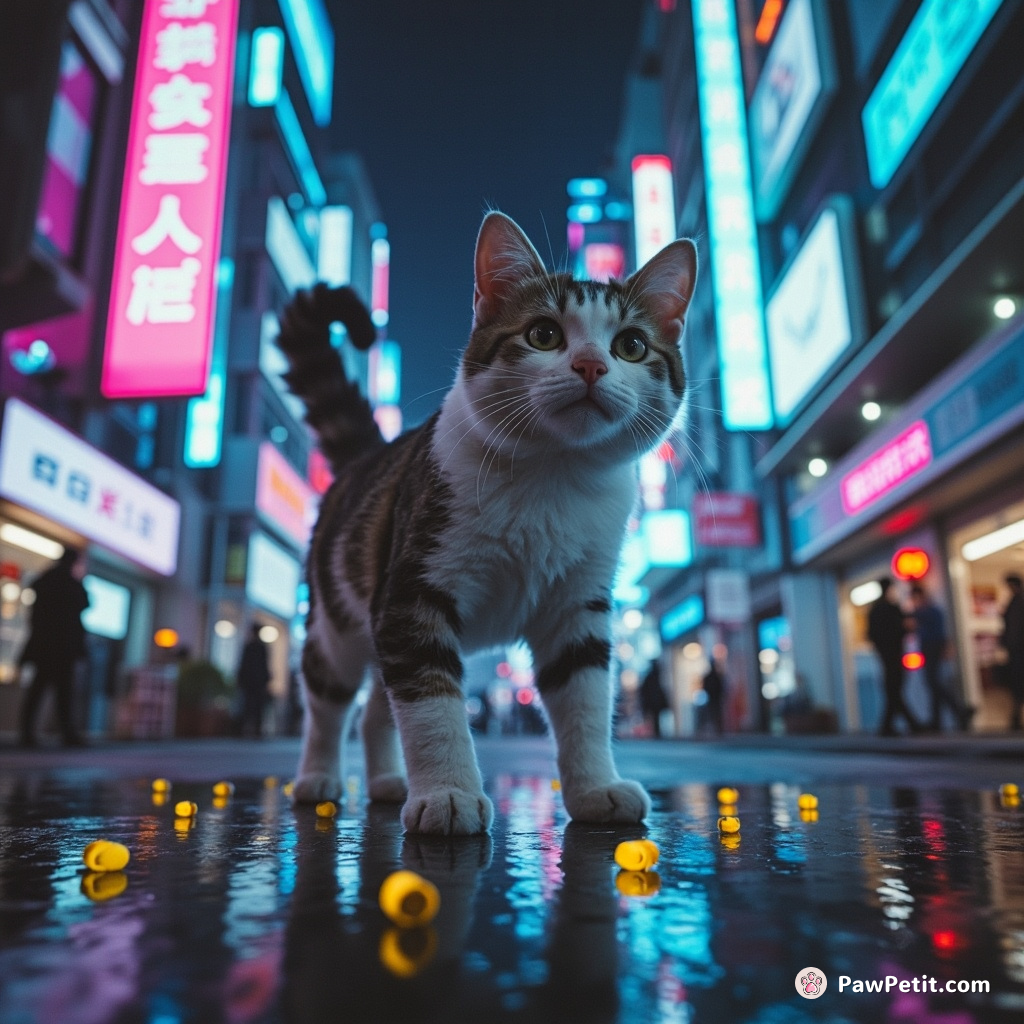 In Tokyo's robotic heart, a nimble feline deftly tail-swiped encrypted sensors, weaving through energy capsules undetected.