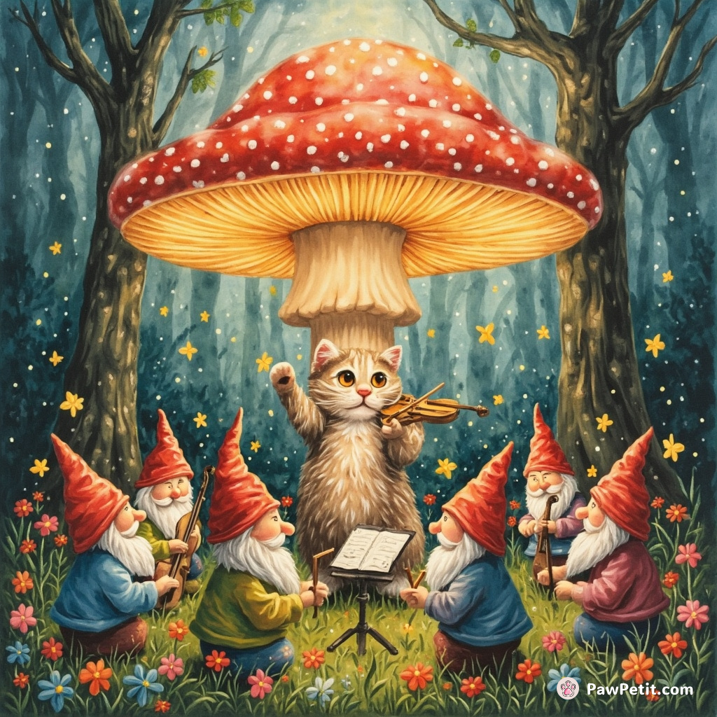 Cat conducting a symphony orchestra of garden gnomes under a giant, glowing mushroom in an enchanted forest.