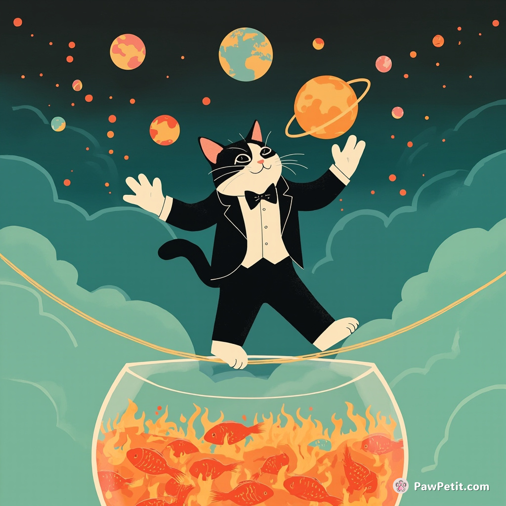 Giant tuxedo cat juggling neon-colored planets on a tightrope over an oversized fishbowl filled with flaming goldfish.
