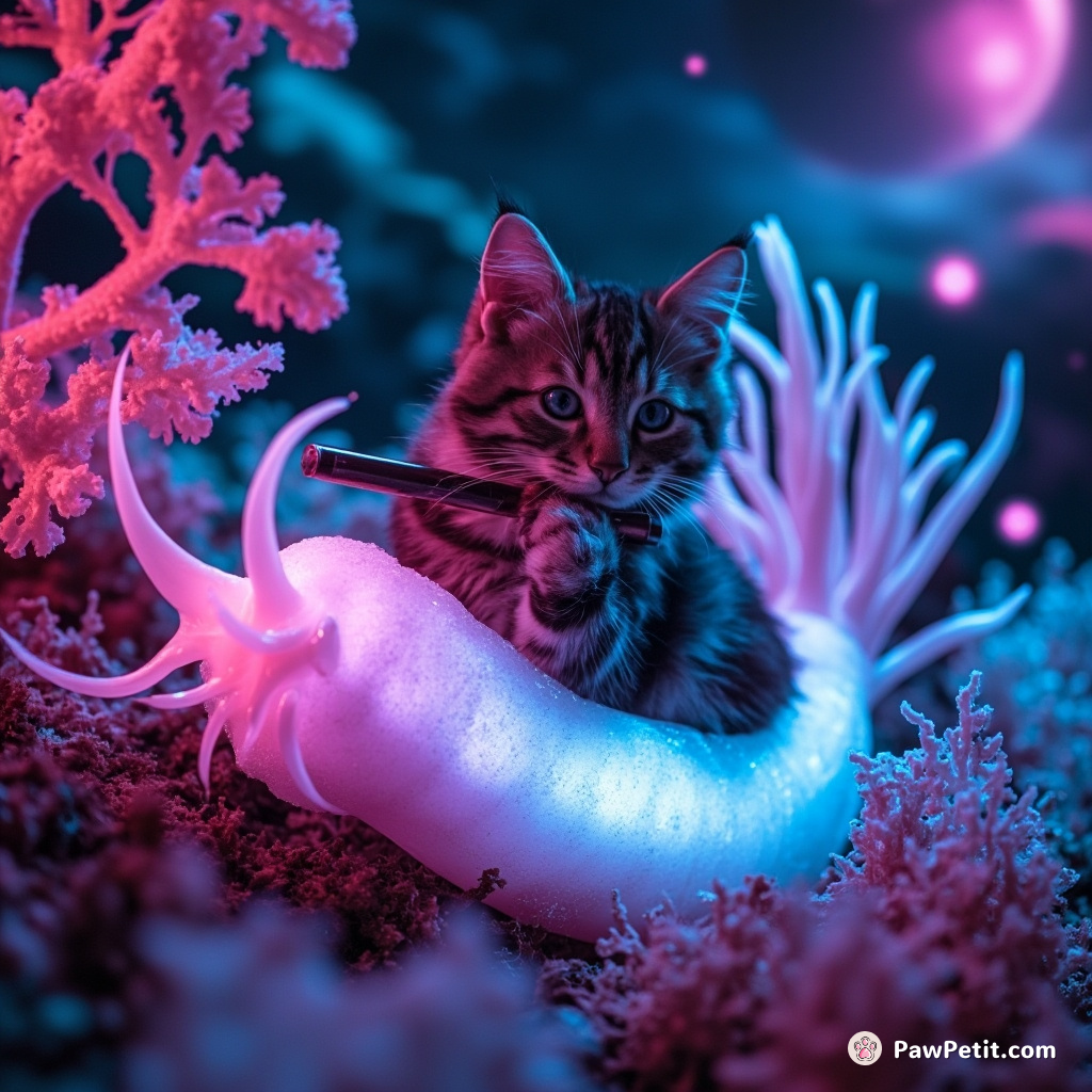 A stealthy auburn cat playing underwater flute on the glowing back of a luminescent Nudibranch, surrounded by pulsating, jelly-like trees beneath the joyful Cerulean-Pink seascape of planet Nightglow.