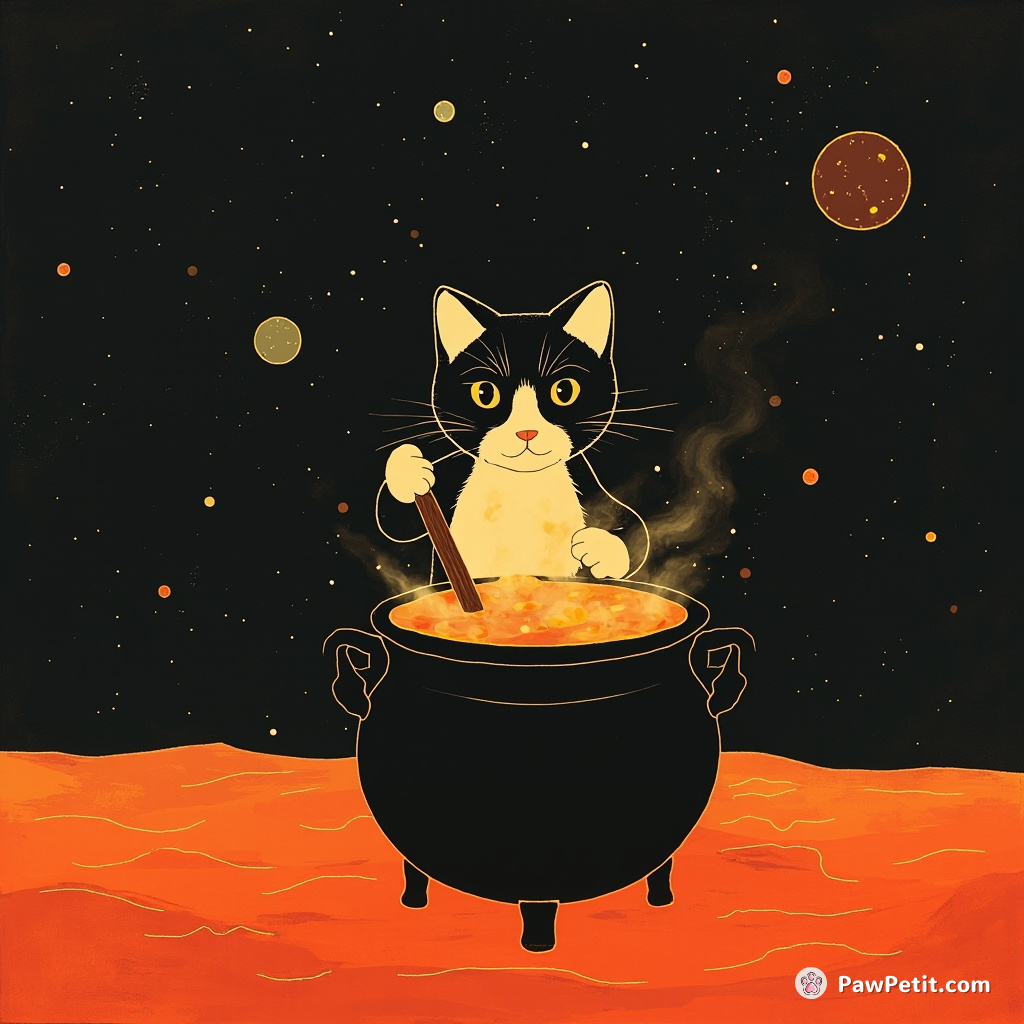 Cat stirring a cauldron of luminous space soup on Mars.
