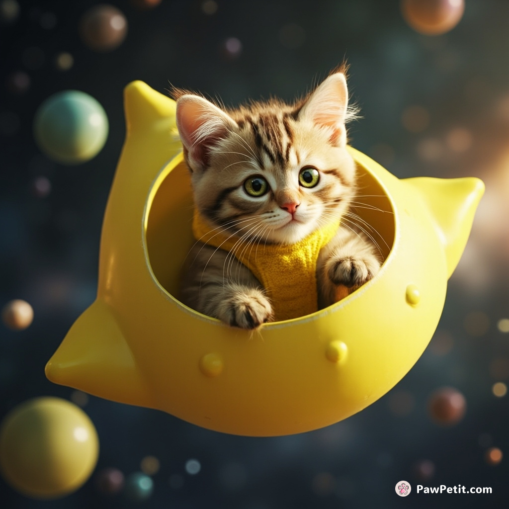 Cat operating a lemon-shaped spaceship, preparing for intergalactic departure.