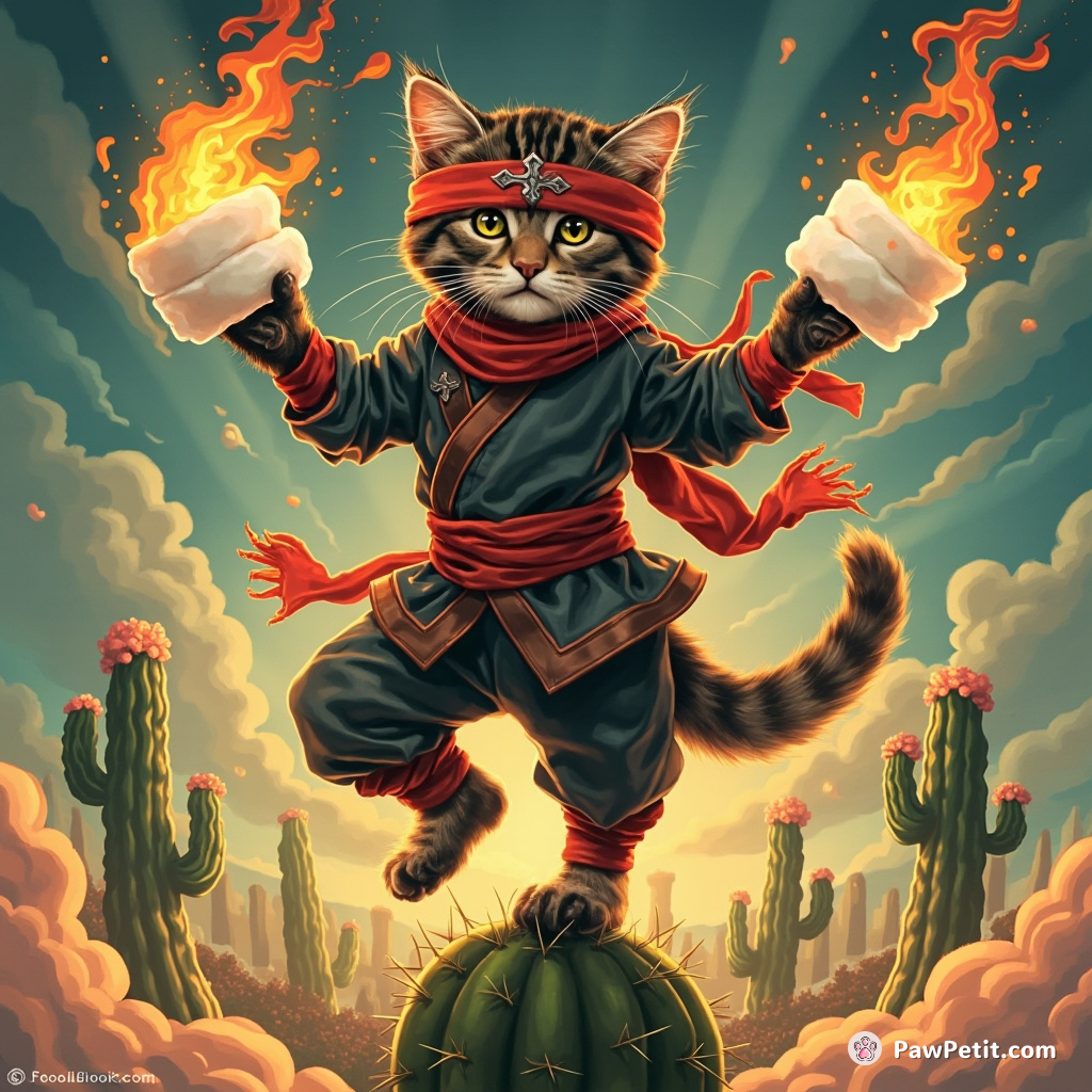 Cat in ninja attire, performing a ballet dance on top of a cactus while juggling flaming marshmallows.