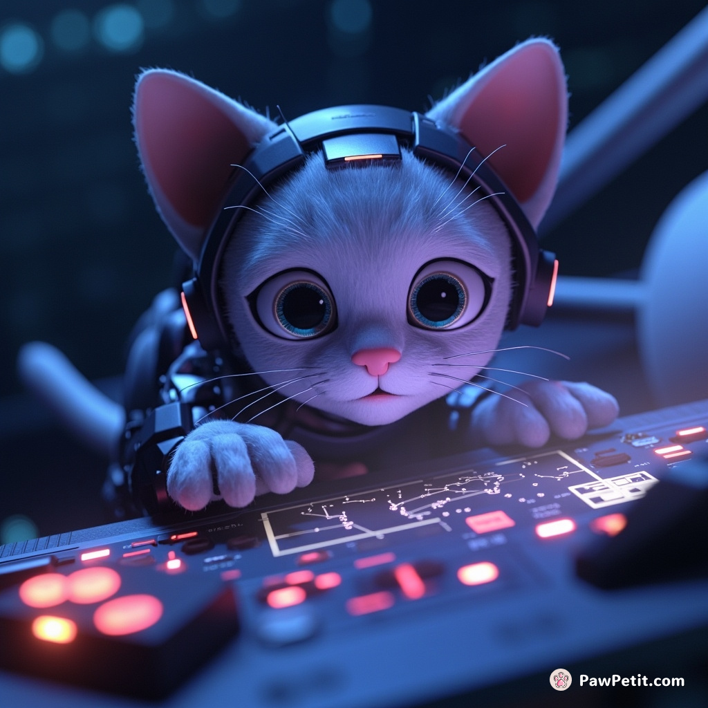 Cybernetic cat programming a constellation simulator on an enigmatic alien device, in zero gravity.