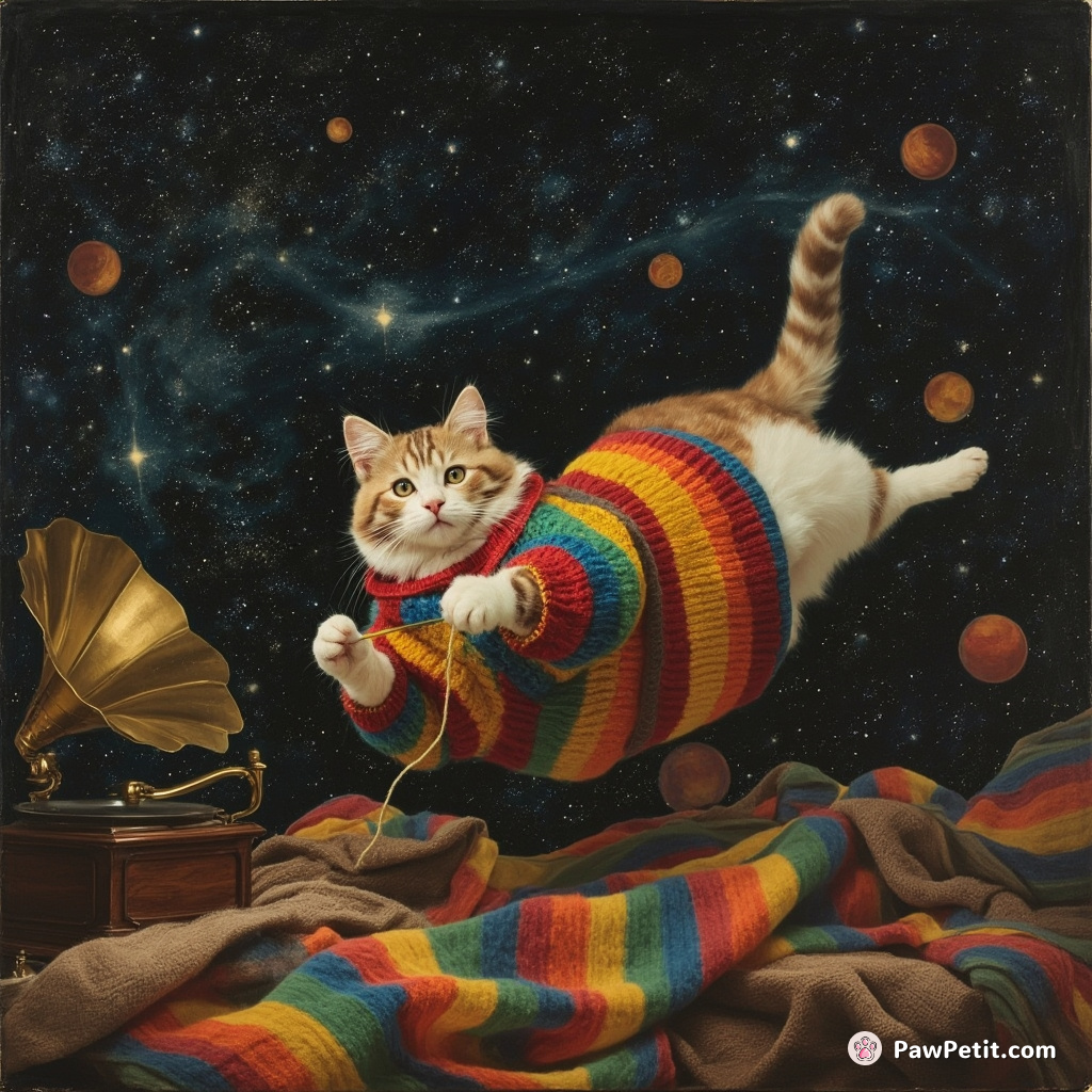 A cat secretly knitting a rainbow-colored jumper while floating in a zero-gravity star field next to an antique phonograph playing jazz.