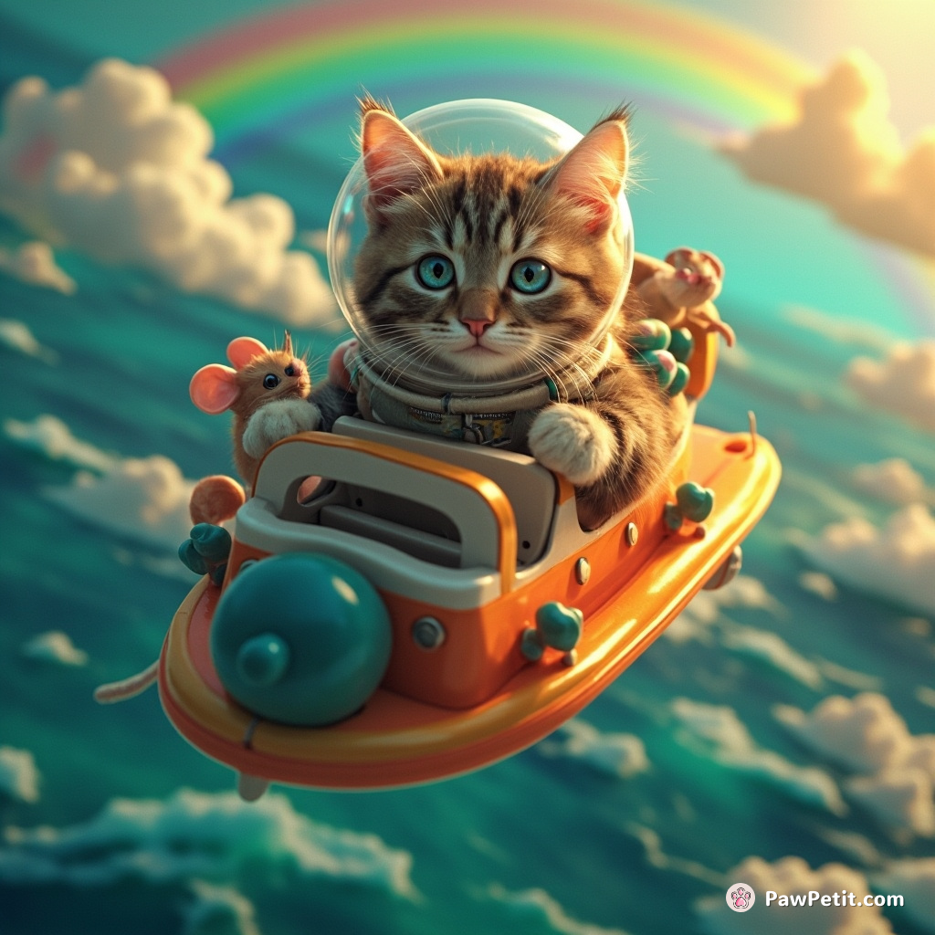 Cat piloting a flying toaster over rainbow ocean, with mice astronauts as passengers.