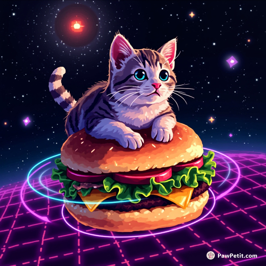 A cat practicing astral projection while orbiting a neon-space lit cheeseburger.
