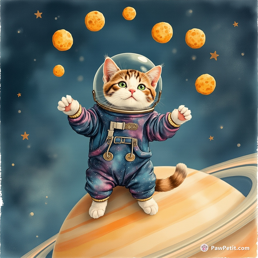 A calico cat wearing a galaxy-patterned astronaut suit, juggling six floating moon-shaped cheeses on the rings of Saturn.