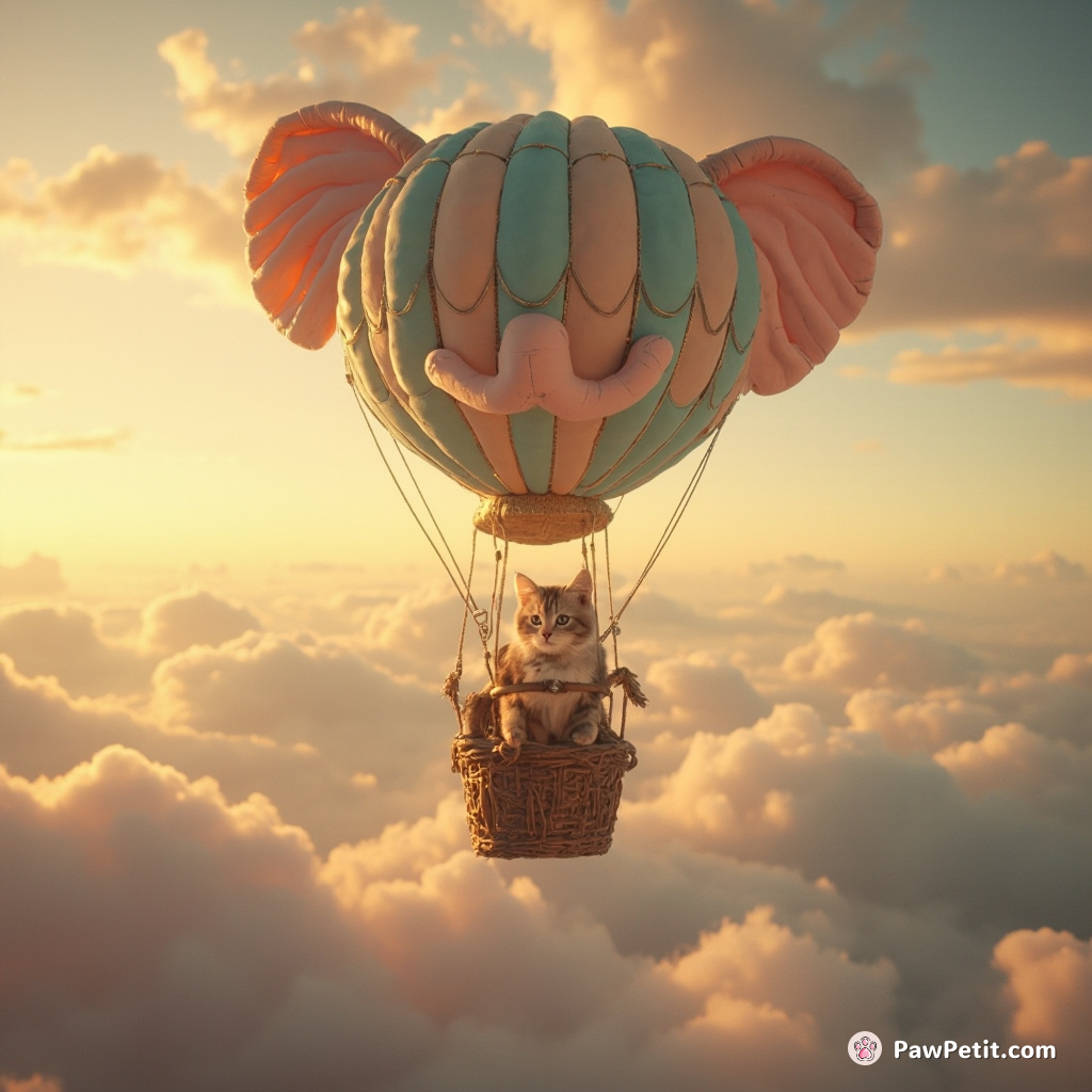 A dainty cat flying a steampunk-inspired hot air balloon over pastel-colored, elephant-headed clouds in the sunset.