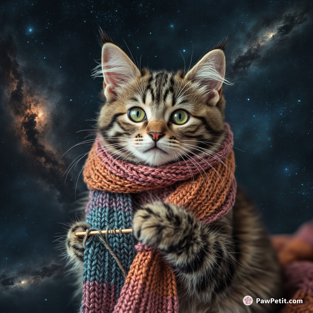 A psychic space cat harnessing a nebula to knit an interstellar scarf.