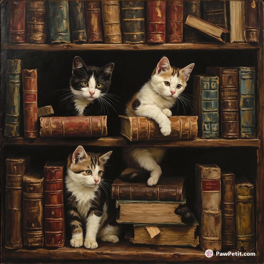 Cats stealthily rearrange bookshelves, swapping novels with mysterious paw-written tomes during the night.
