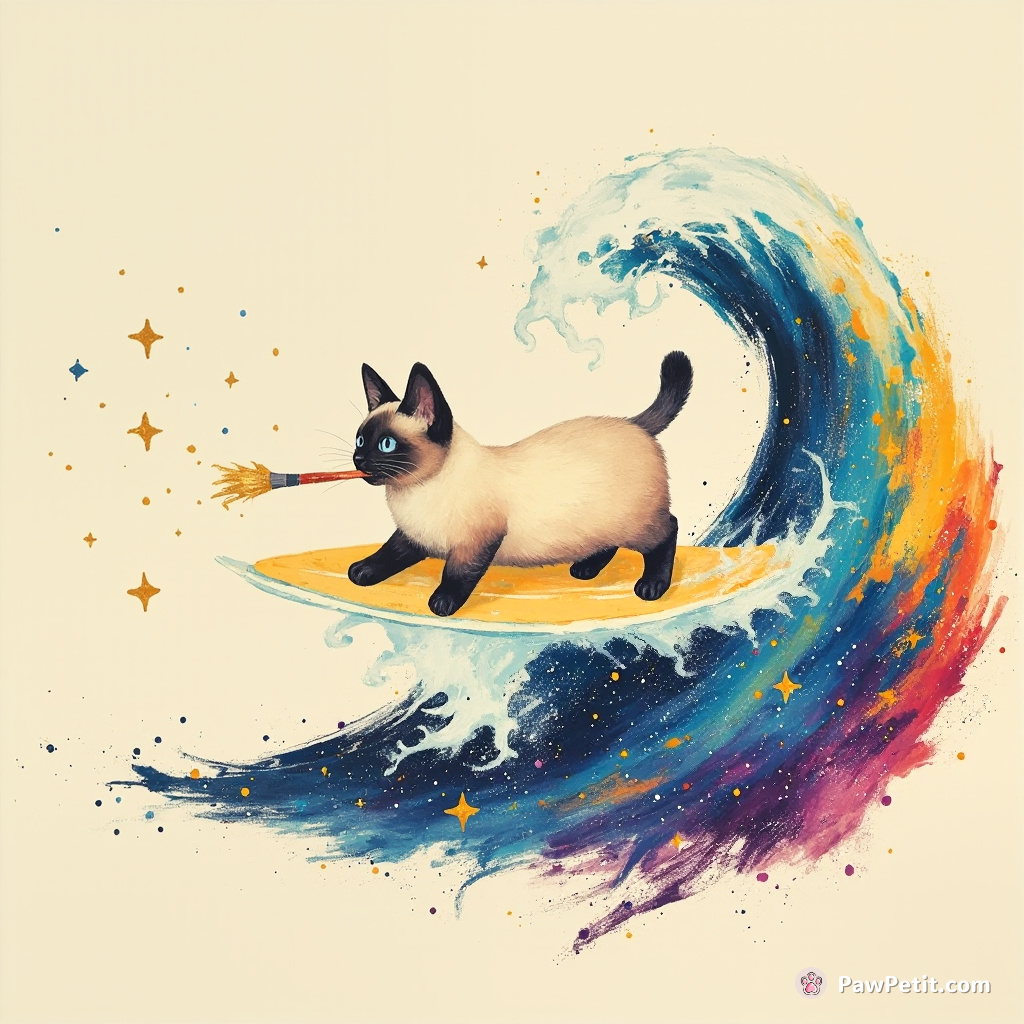 A Siamese cat riding a swirling rainbow wave, surfing with a tiny gold-tipped paintbrush in its mouth, leaving behind a luscious whirlwind of galaxy stars.