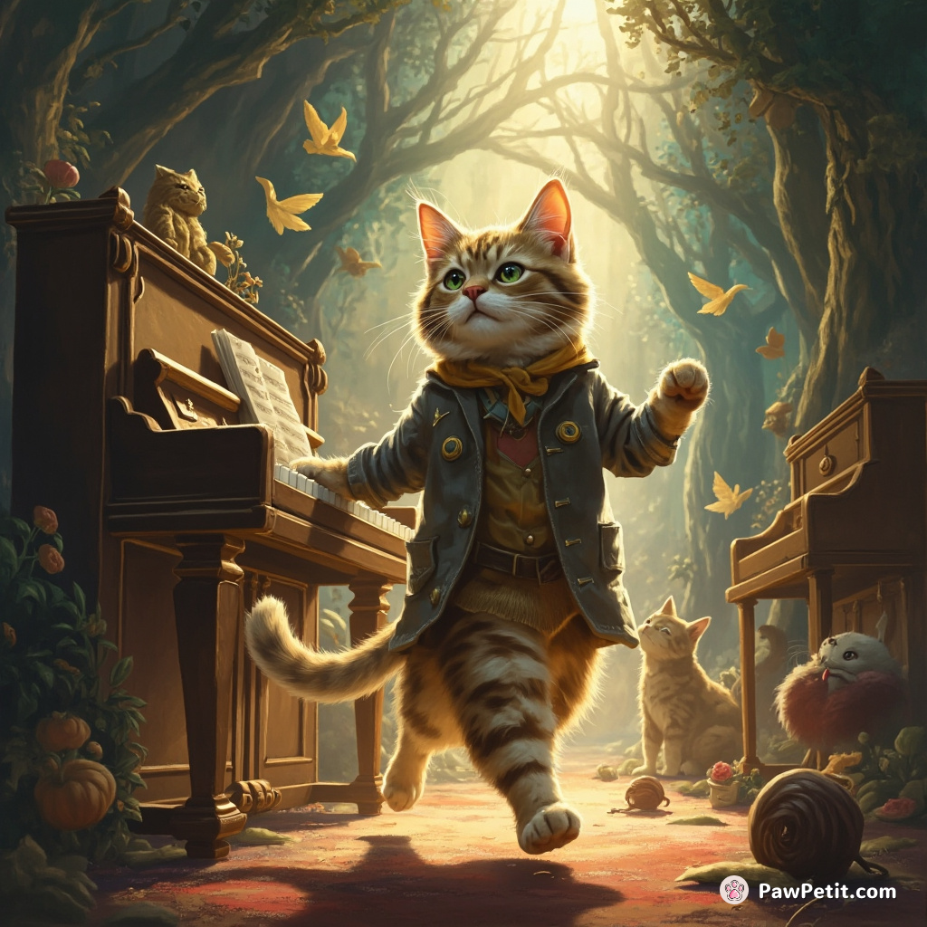 In a world where cats rule, Whiskers struts confidently, convinced he can out-code humans on the piano.