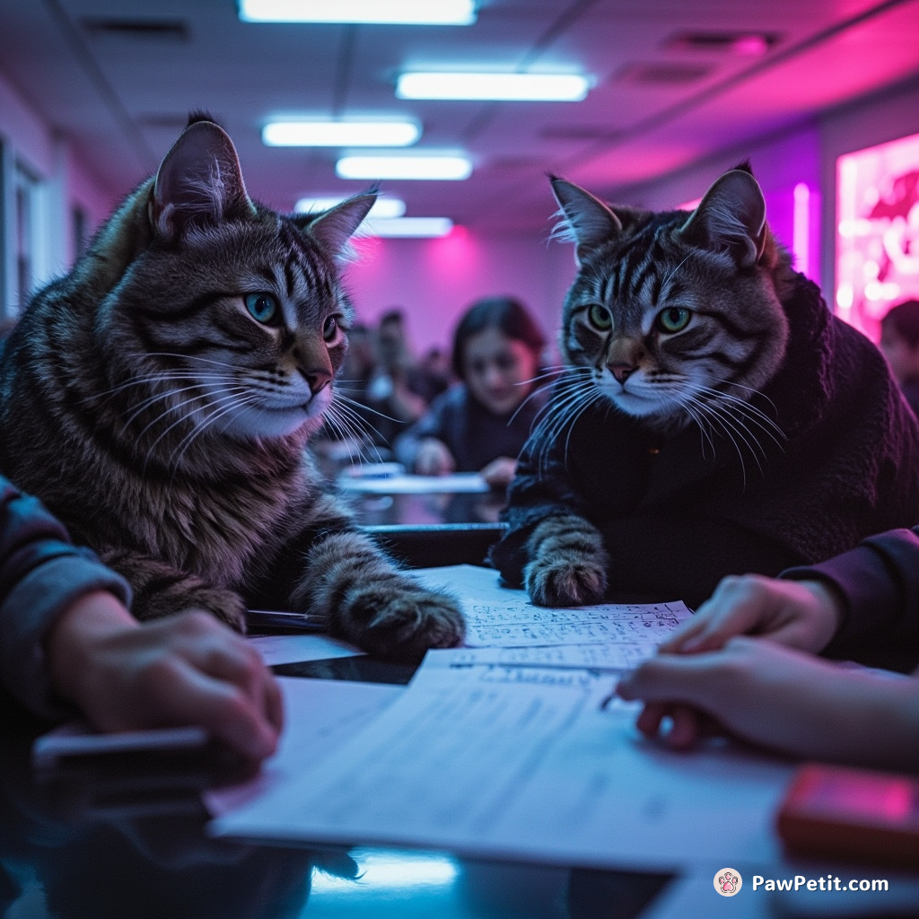 Sly felines secretly held intricate board meetings, plotting world domination while humans tediously completed tax forms.