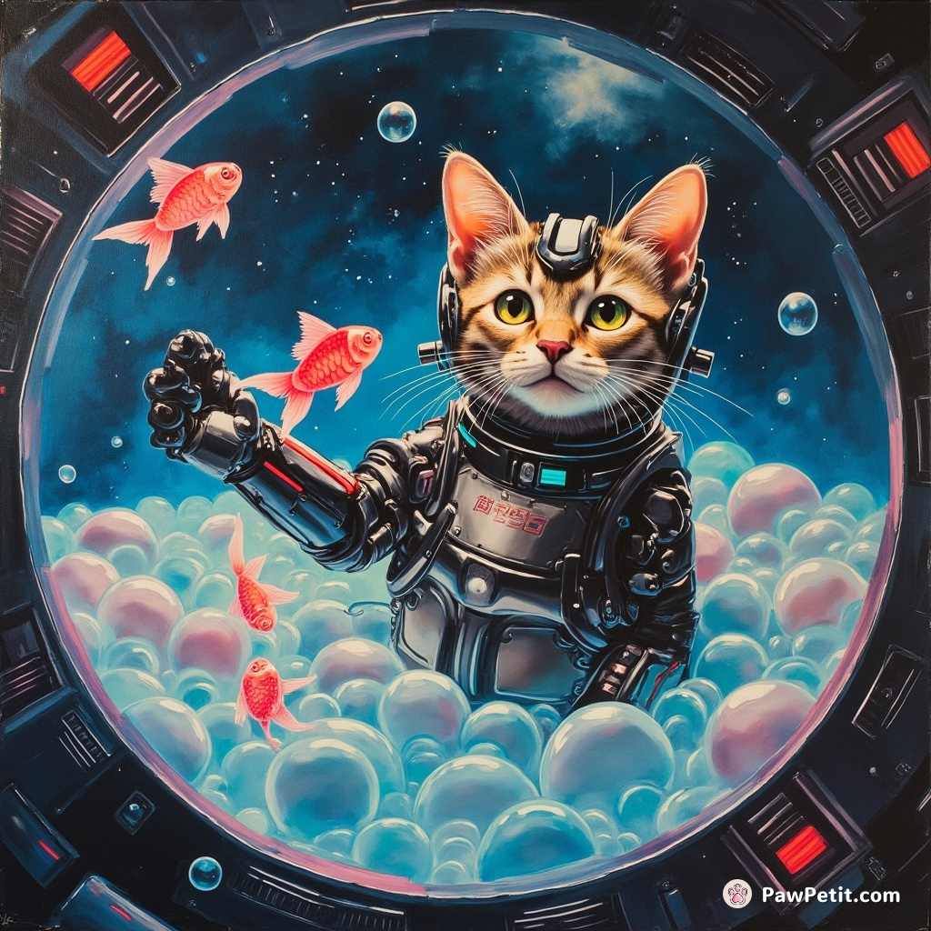 Cybernetic cat juggling neon fish in a zero-gravity bubble bath aboard an alien spaceship.