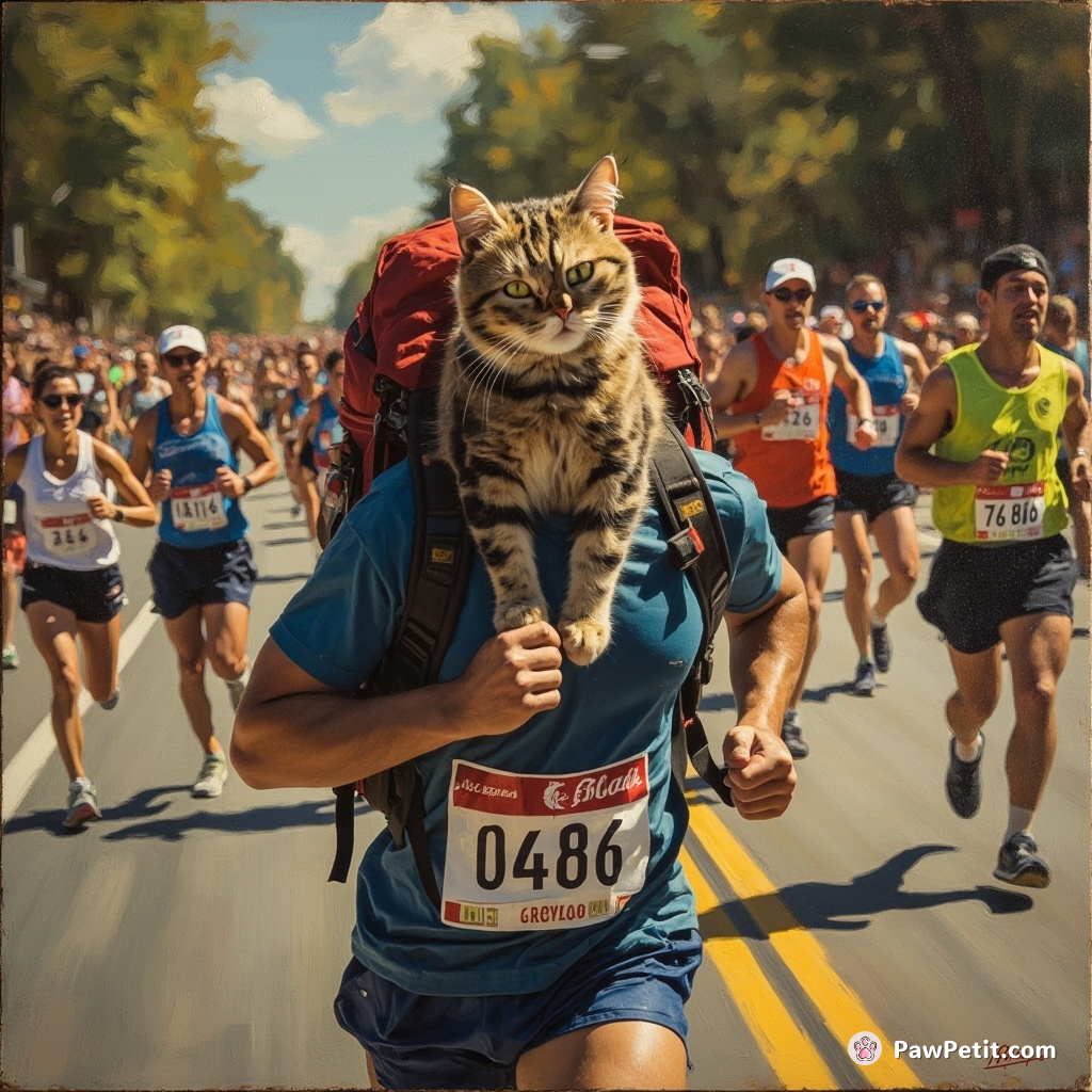 A cat wins a marathon after hitching a ride on the lead runner's backpack, hailed as "The Marathon Mover.