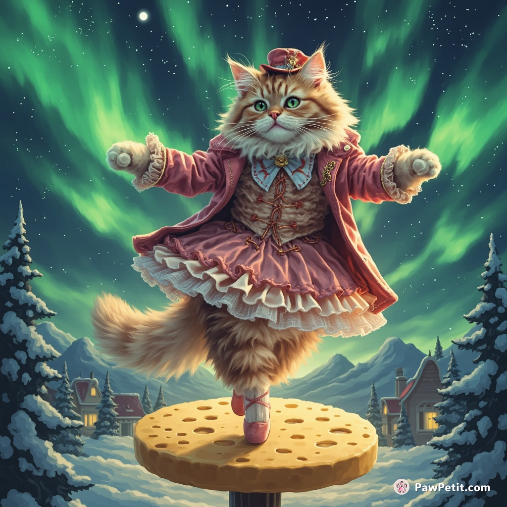 A giant fluffy Persian cat doing a graceful ballet dance on top of a levitating cheese wheel, in quaint Victorian attire, against the mesmerizing Aurora Borealis.