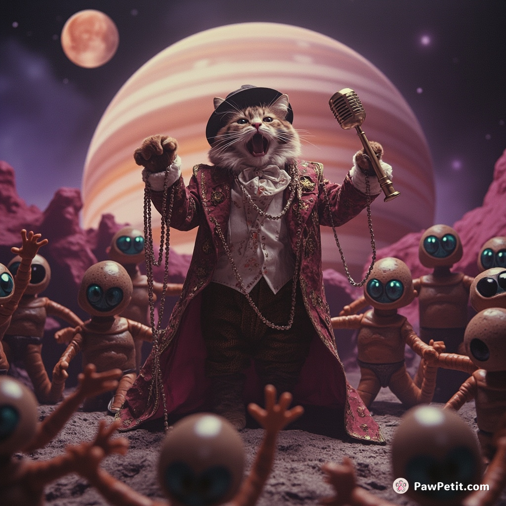 An opera-singing cat, in full Victorian attire performing on Jupiter's stage amidst cheering aliens.