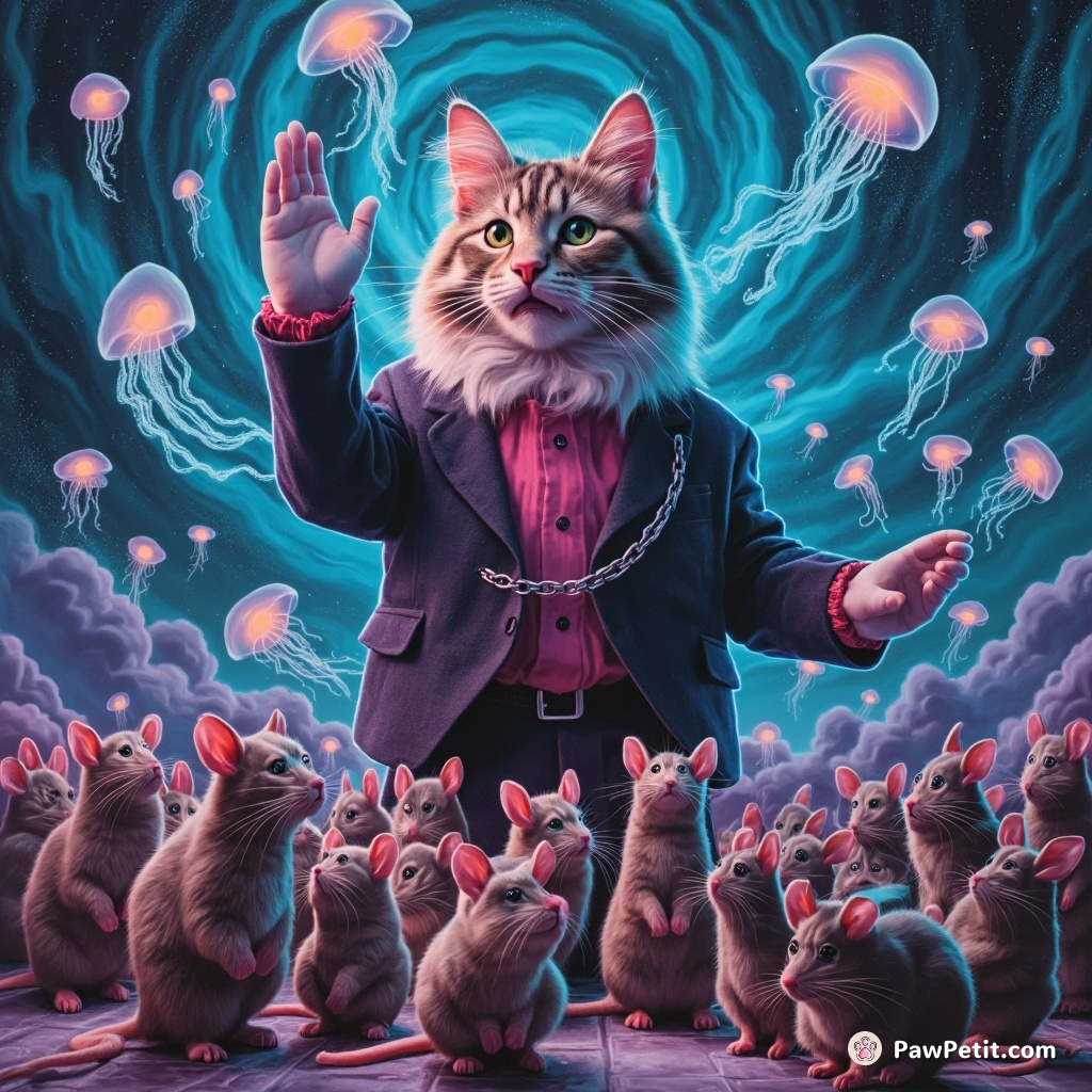 Gigantic cat being sworn in as president of mice under the swirling bioluminescent jellyfish sky.