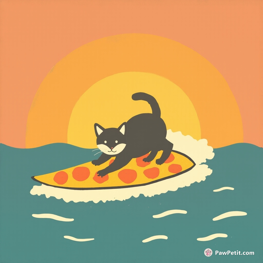 Cat surfing on a slice of pizza in a sea of mango pudding during sunset.