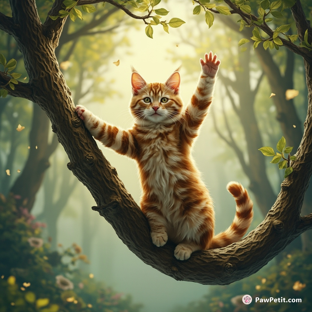 Whiskers twitching, the cat sways atop a swaying branch, imitating human yoga with feline grace and bliss.