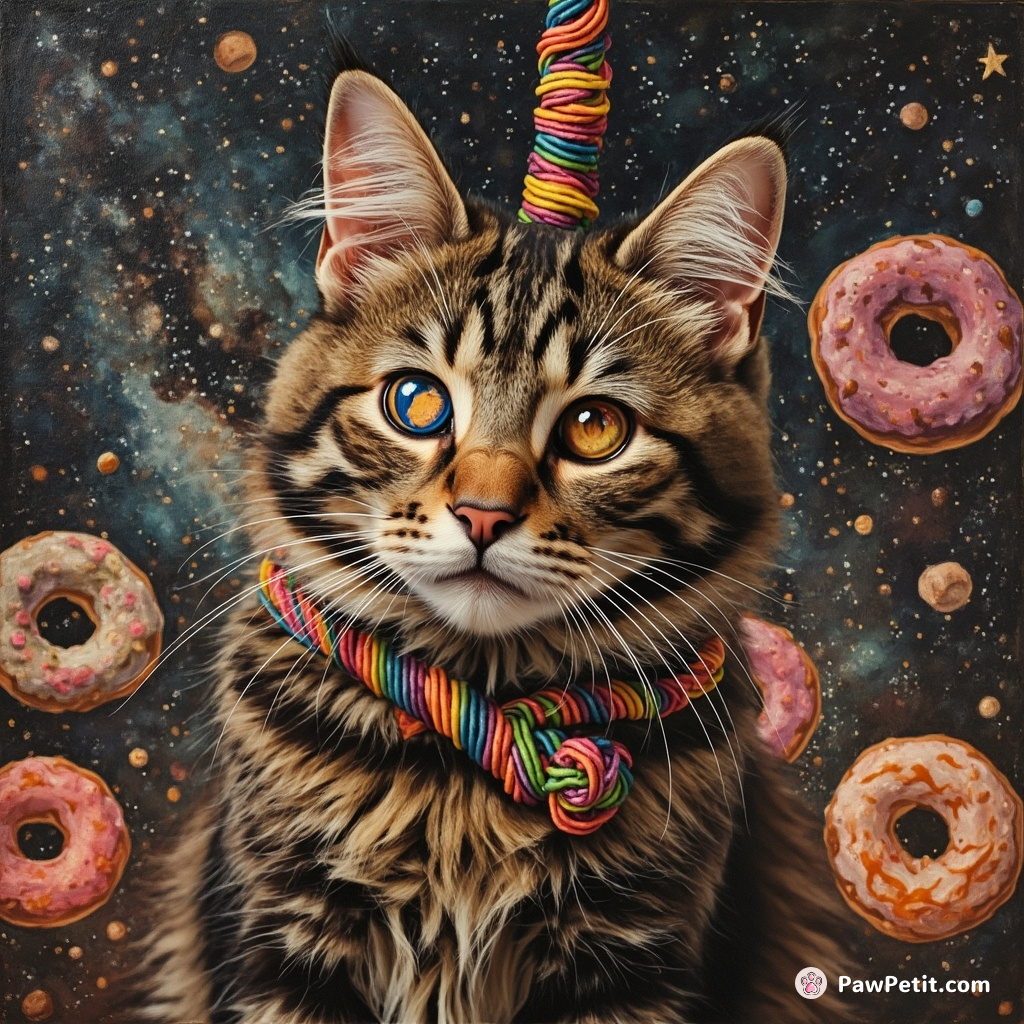 A three-eyed, martian cat braiding the multicolored strands of time against a backdrop of cosmic donuts.