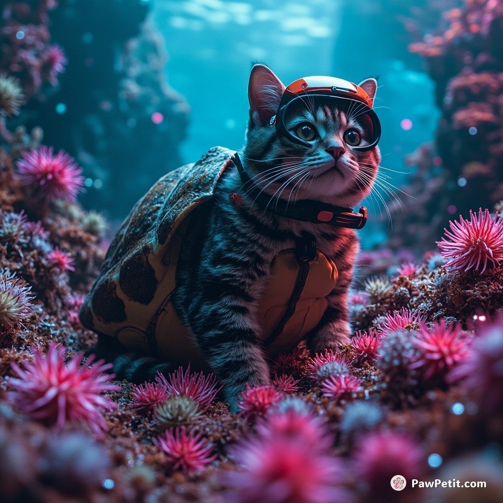 Giant tortoiseshell cat as a deep sea diver, collecting neon sea urchins in a shimmering underwater jungle.