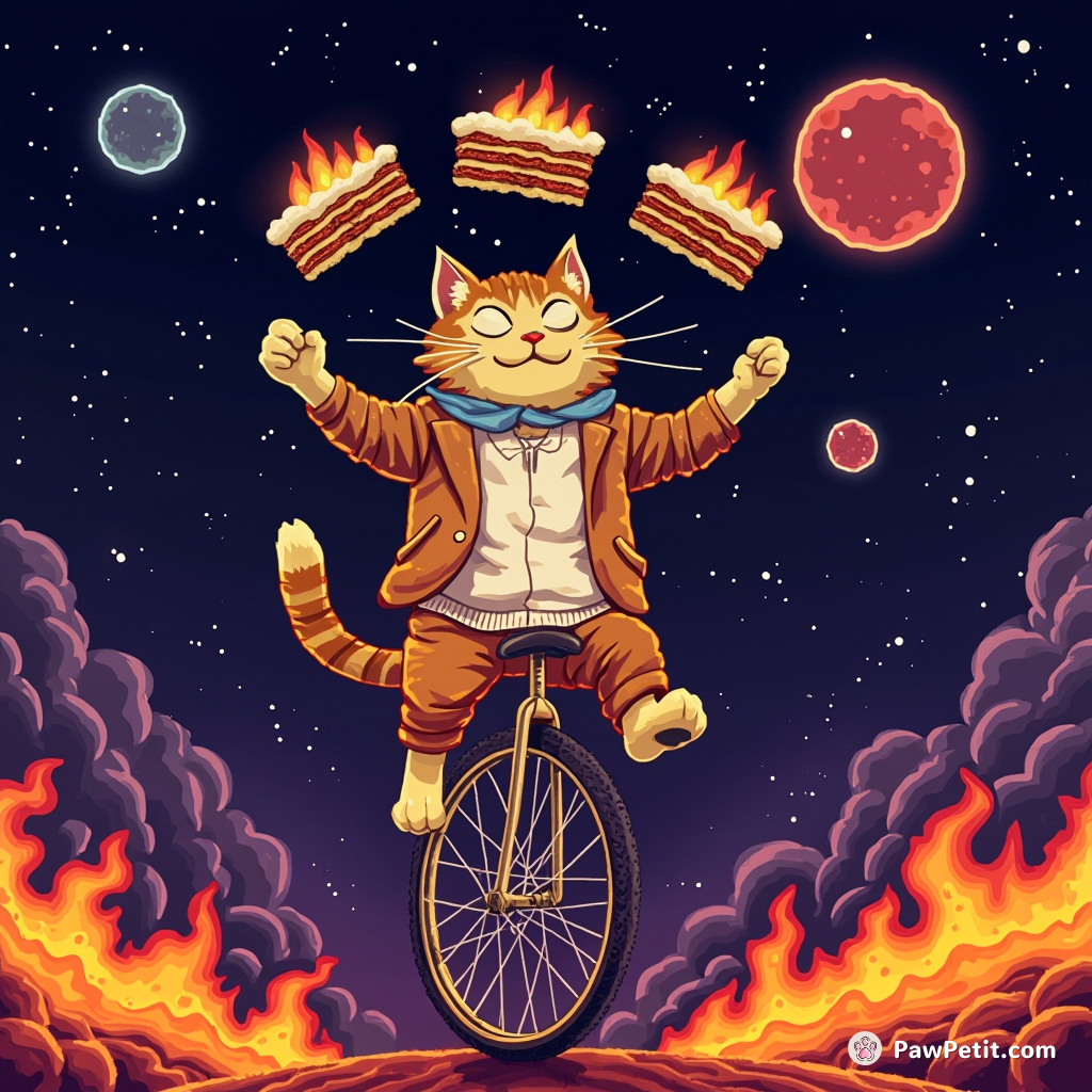 A mischievous cat balancing on a unicycle juggling tiny flaming proportions of lasagna in outer space.