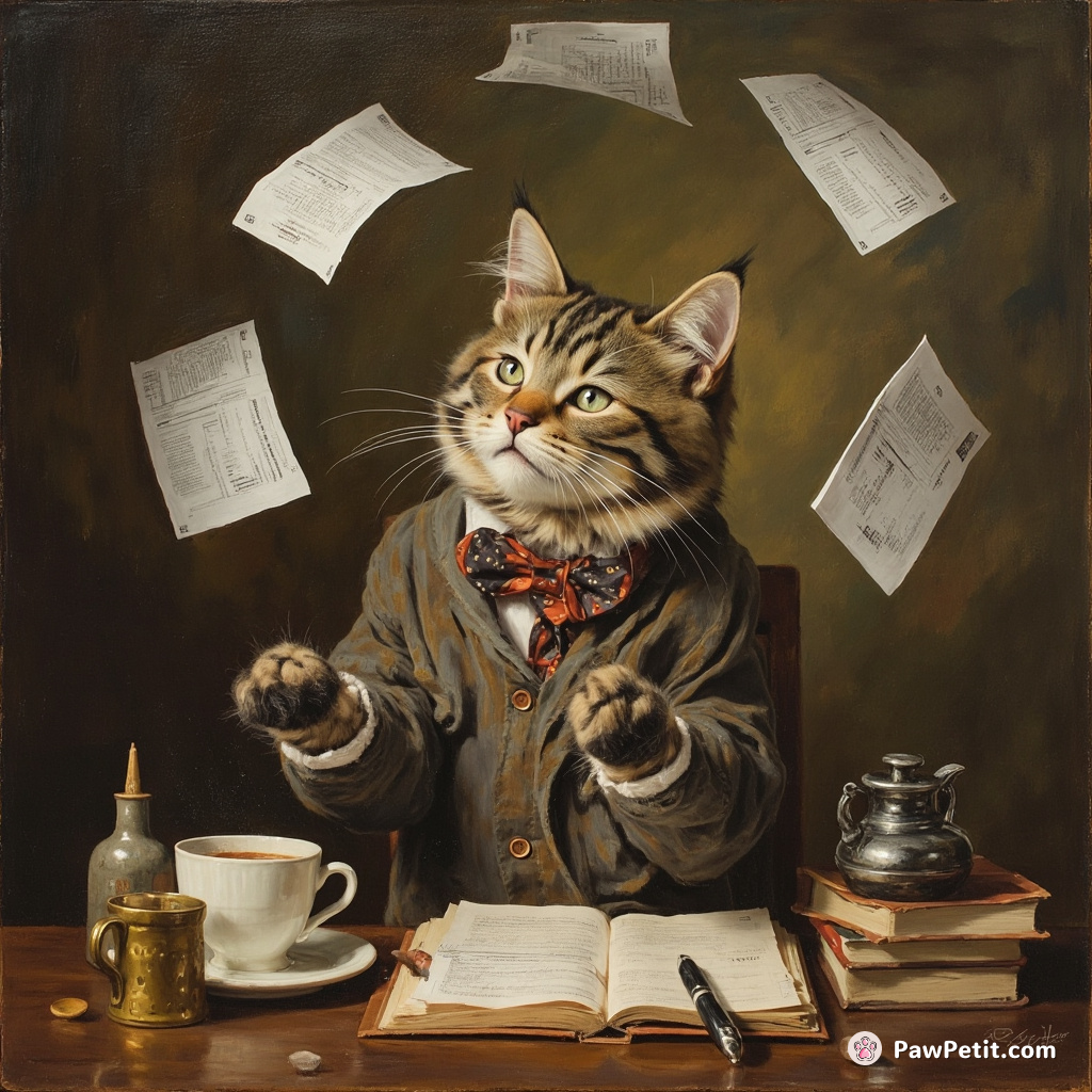 Whiskers dreams in bureaucratic blues, attempts a juggling act with quintessential human tools- tax forms and coffee.