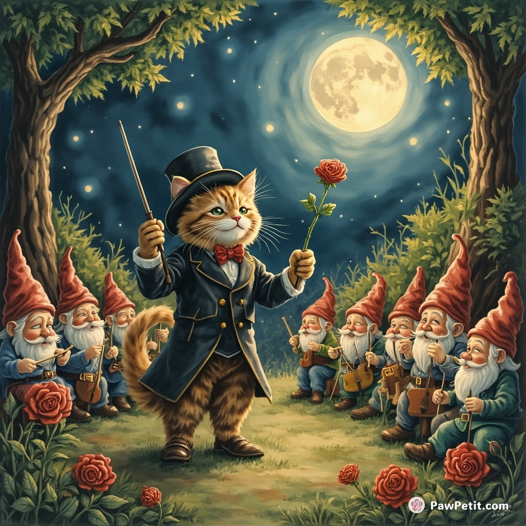 A aristocratic feline conductor, brandishing a rose as a baton, leading an orchestra of animated garden gnomes in a moonlit forest clearance.