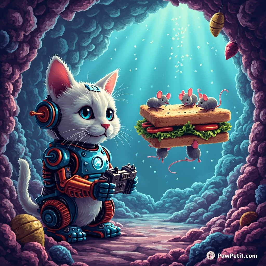 Cyborg cat using a futuristic remote control to command miniature alien mice to build a sandwich-shaped spaceship in an underwater crystal cave.