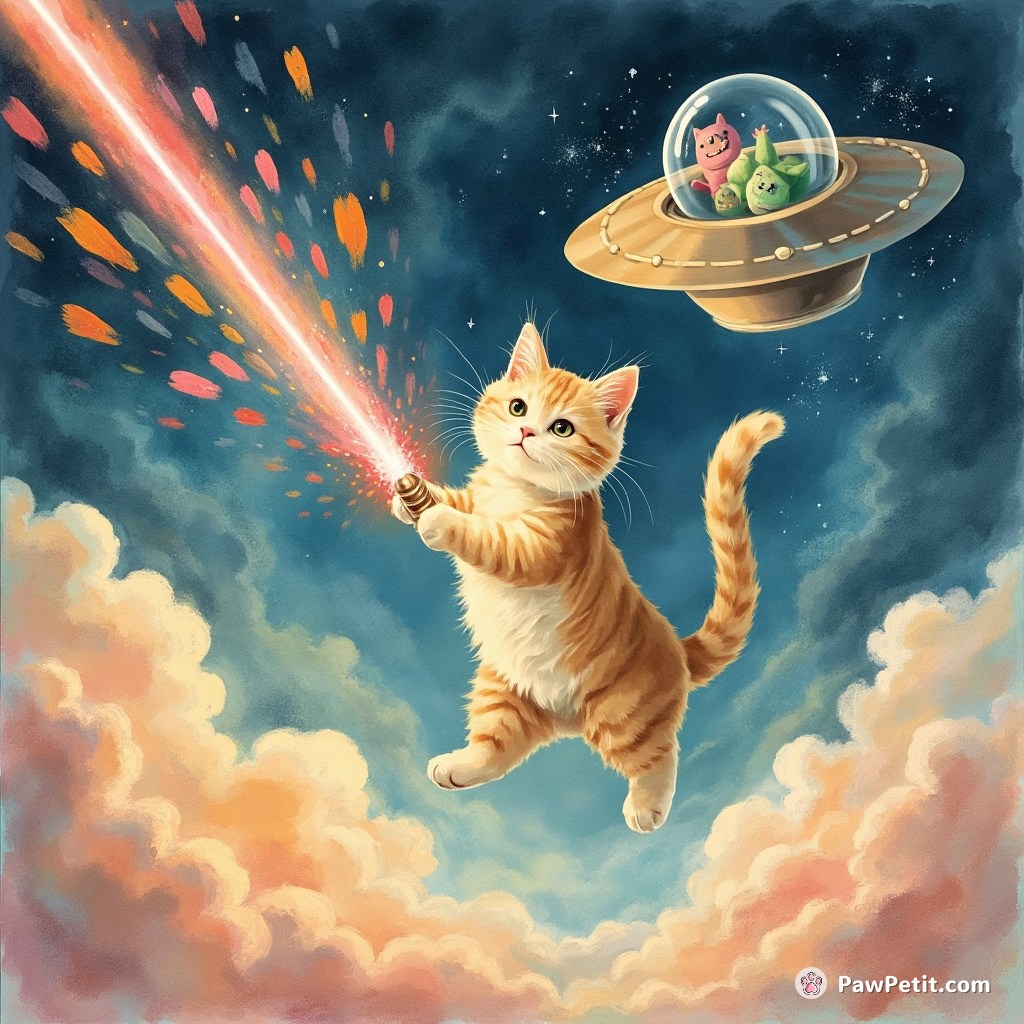 Whiskers the cat wields a cosmic laser, zapping alien invaders from a hovering, purring saucer.