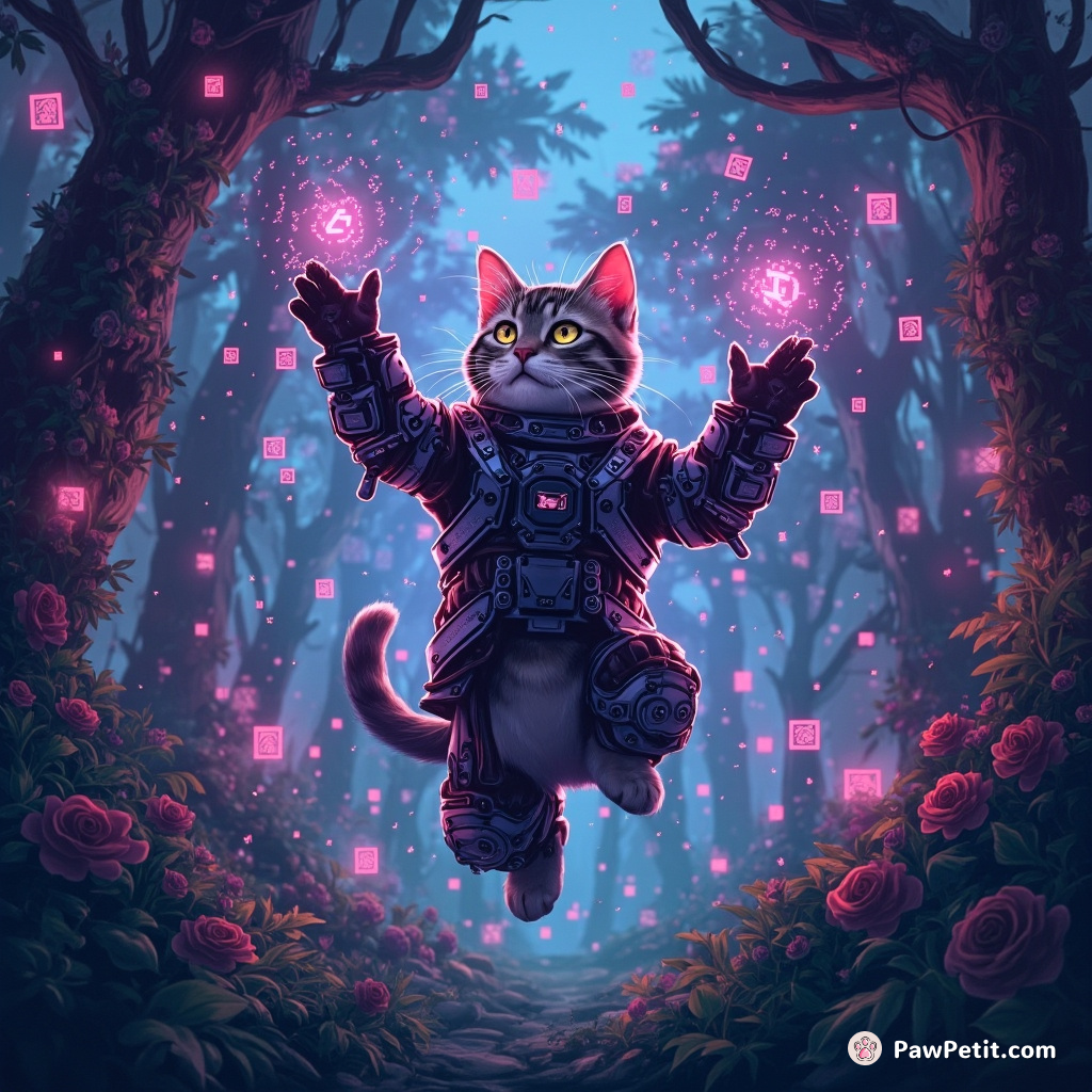 Cyborg cat juggling binary code in a neon-tinged pixelated jungle.