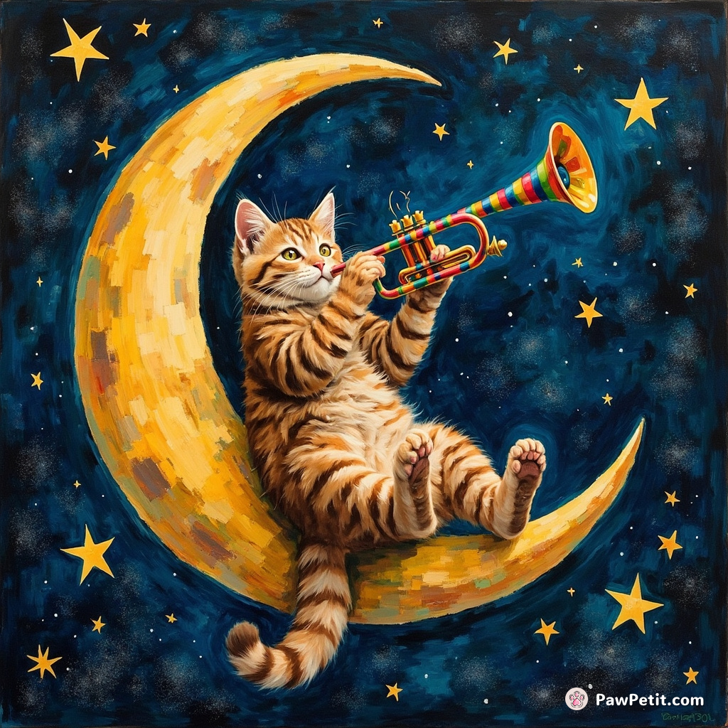 Cat swinging on a crescent moon in a starry sky while playing a kaleidoscope colored trumpet.