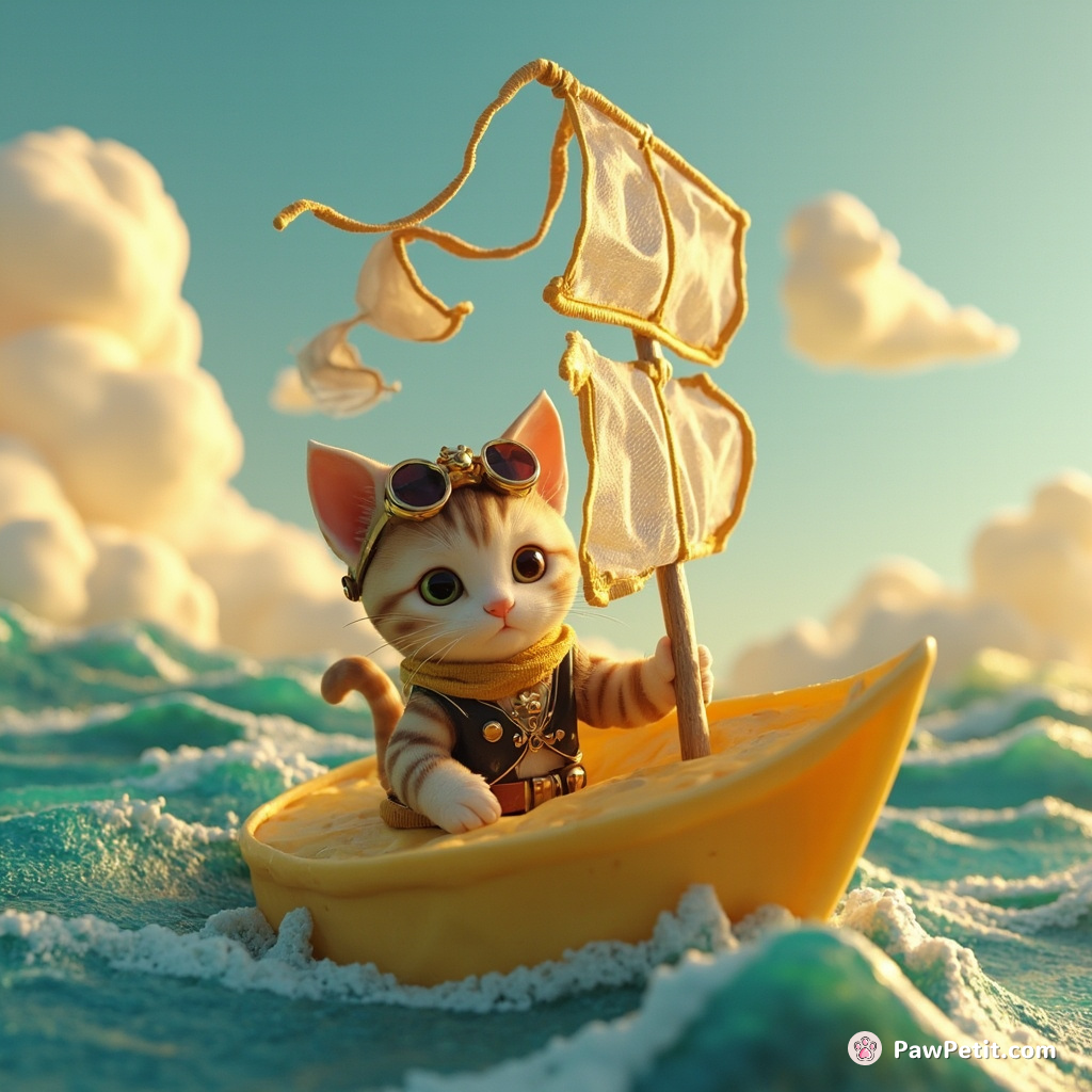 Steampunk cat sailing a cheese boat in an ocean made of ribbon.