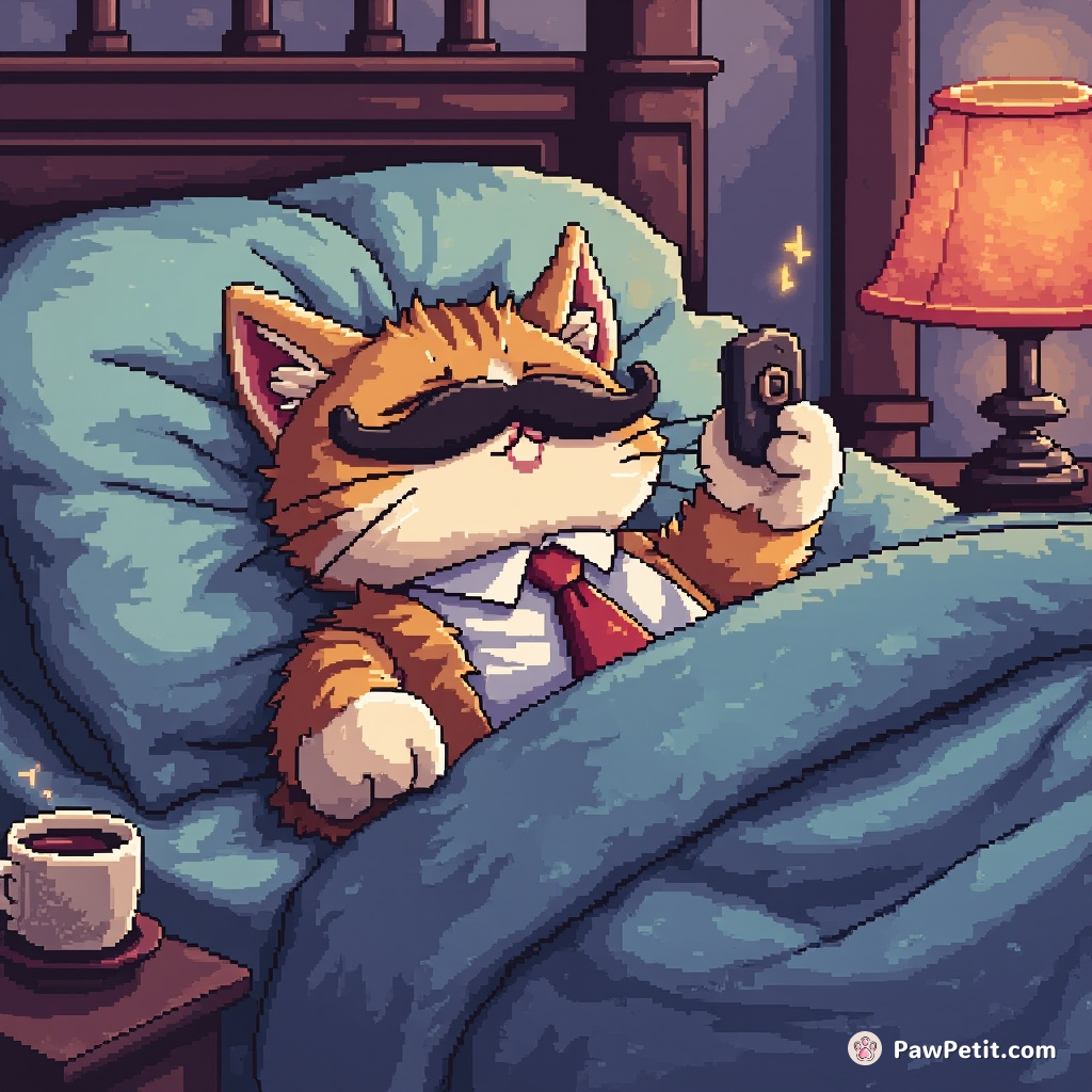 Mischievous kitty dons fake mustache, presses boss’s zoom call button mid-nap; hilarity ensues in international board meeting.