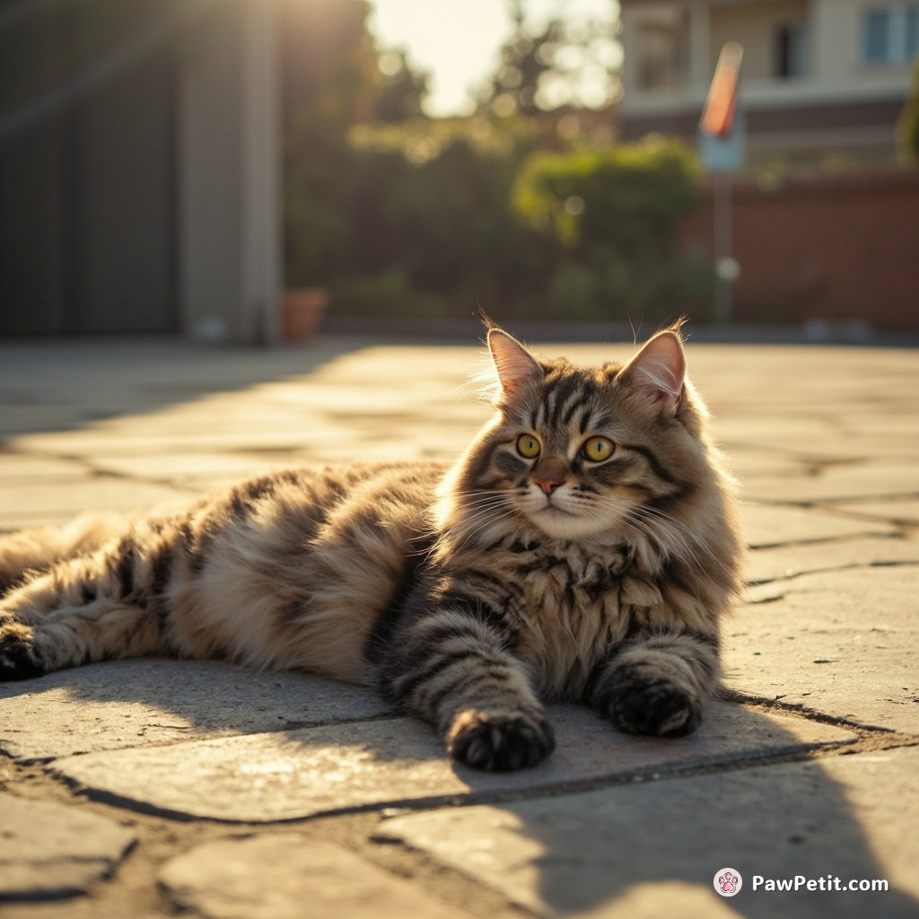 The cat basks in the sun, stretching luxuriously on the warm pavement, savoring the outdoor breeze.