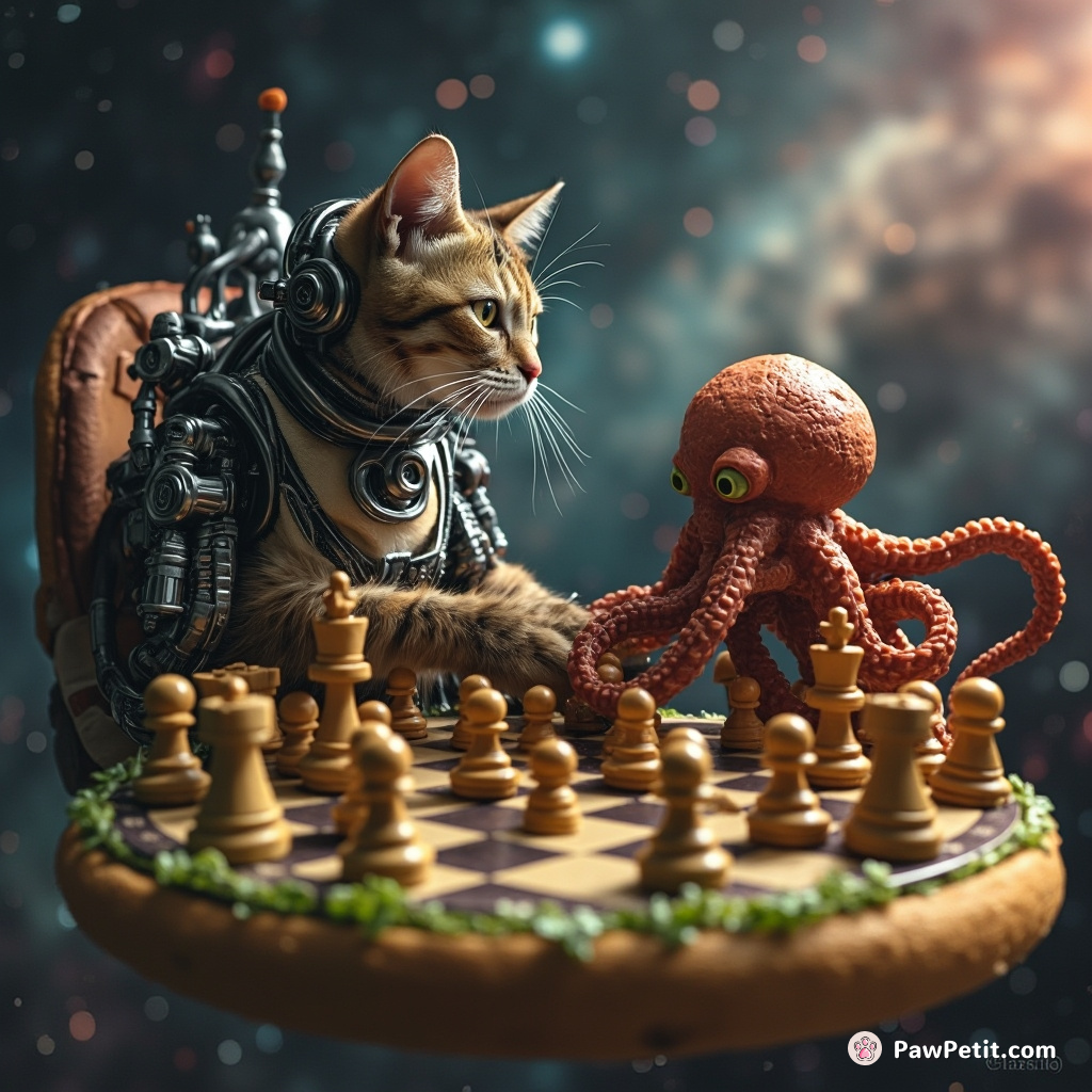 Cybernetic cat playing intergalactic chess with octopus aliens aboard a levitating cheeseburger spaceship against nebula backdrop.