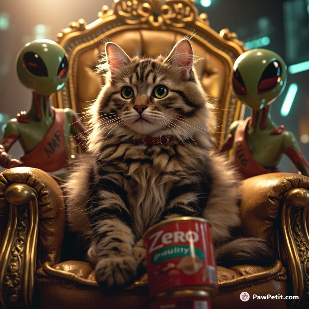A regal cat sitting on a golden throne as aliens offer laser toys and zero gravity tuna cans.