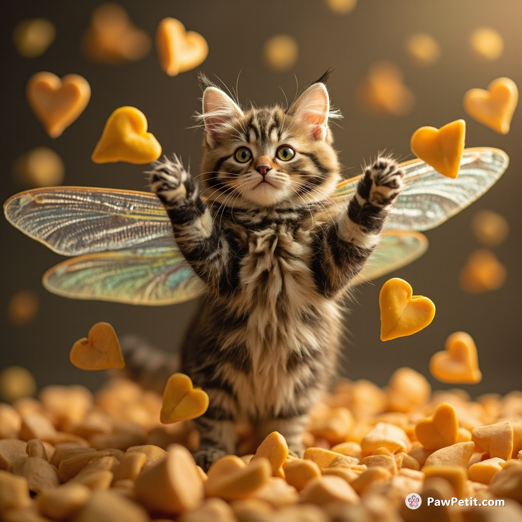 A cat, with dragonfly wings, juggling heart-shaped origami stars and cheese wheels in zero gravity.