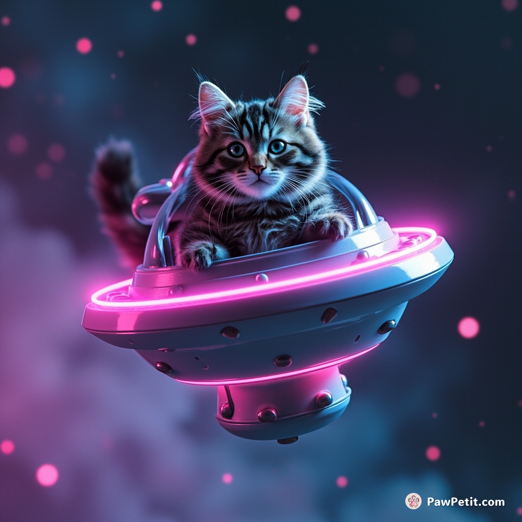 Whiskers twitching, the cat pilots a floating saucer, flipping gravity switches with a swish of its tail.